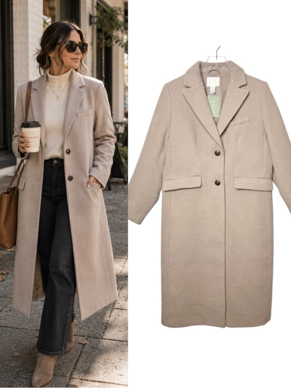 NWT H&M Premium Taupe Wool Blend Longline Coat Quiet Luxury Minimalist Sz M